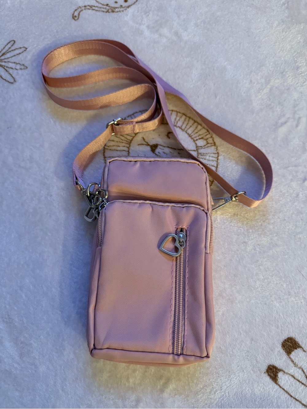 Compact Pink Crossbody Phone Bag - Heart Charm multiple pockets comes with gift